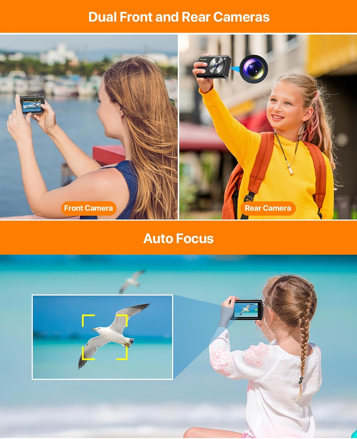 AI Digital Camera WiFi Autofocu Dual Lens Smart Point and Shoot Camera with 3.6" IPS Touchscreen,Beauty & AR Filters Kids Cameras with 32GB Card for Beginners and Teens