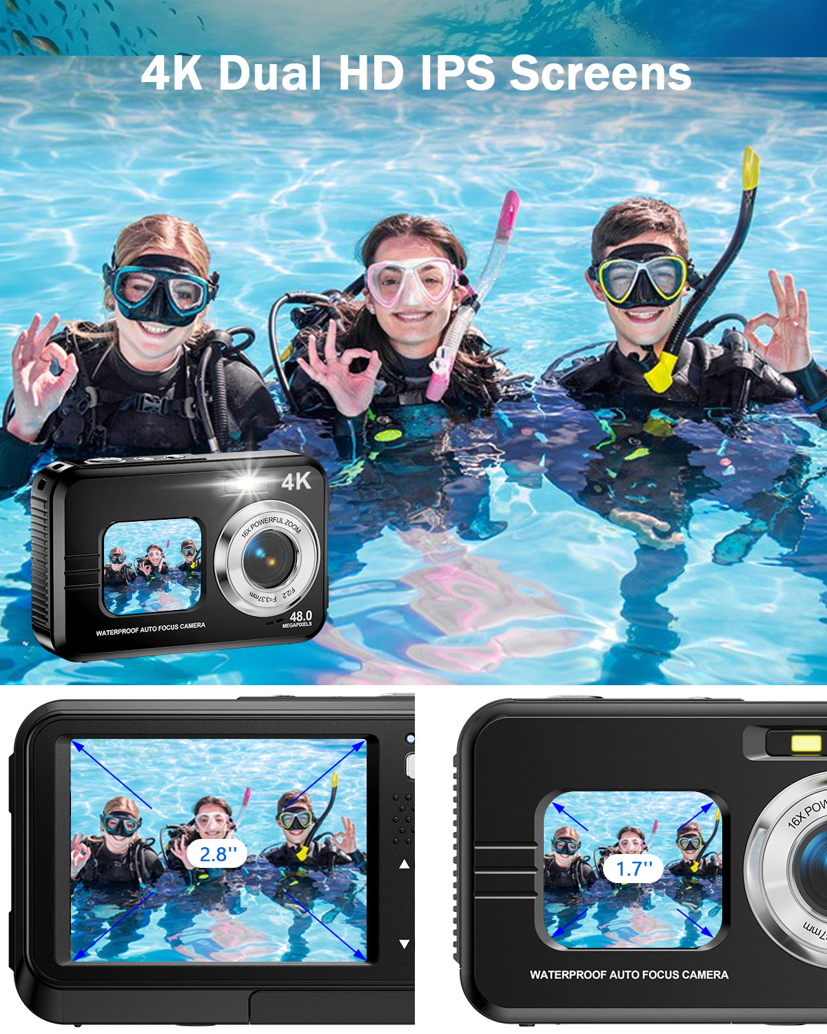 Waterproof Camera 4K Dual Screen Underwater Camera for Snorkeling with 64G SD Card,Action Camera with 16X Digital Zoom 48 MP Autofocus ,2 Battery(Blue)