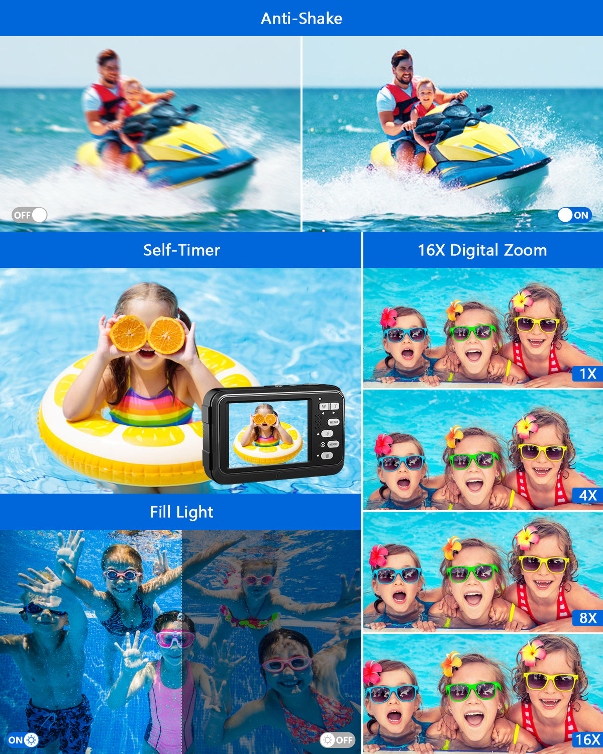 Waterproof Camera 4K Dual Screen Underwater Camera for Snorkeling with 64G SD Card,Action Camera with 16X Digital Zoom 48 MP Autofocus ,2 Battery(Blue)