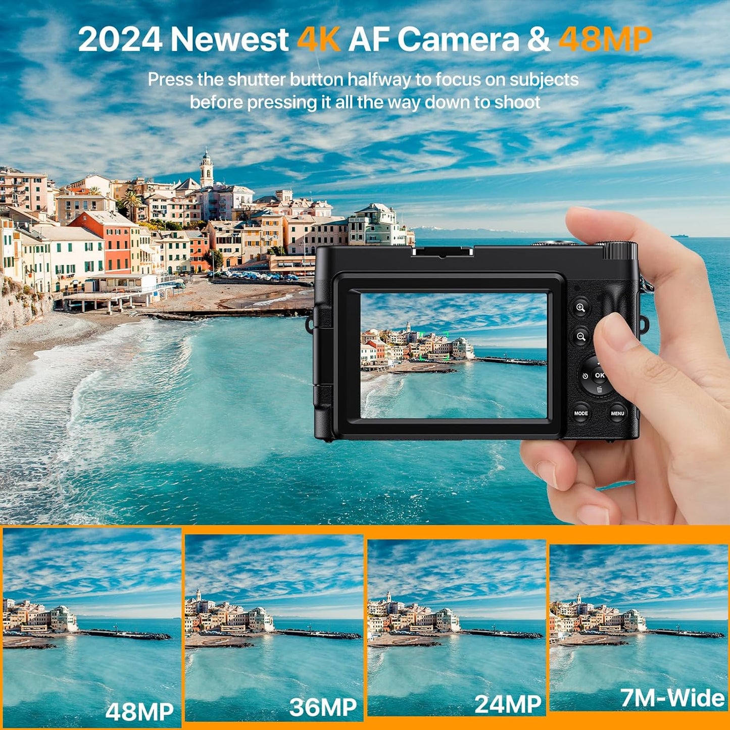 Digital Camera 4K Vlogging Camera for YouTube with 32GB SD Card 180° 3.0 inch Flip Screen 16X Anti-Shake Auto-Focus 48MP Video Camera for Photograph