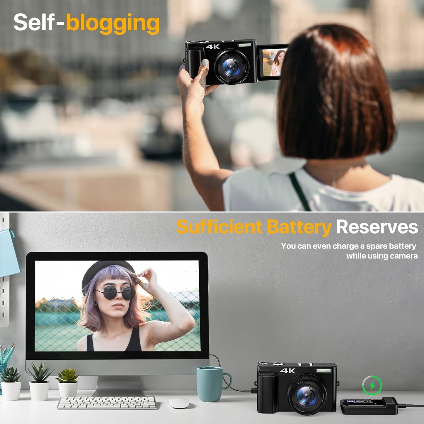 Digital Camera 4K Vlogging Camera for YouTube with 32GB SD Card 180° 3.0 inch Flip Screen 16X Anti-Shake Auto-Focus 48MP Video Camera for Photograph