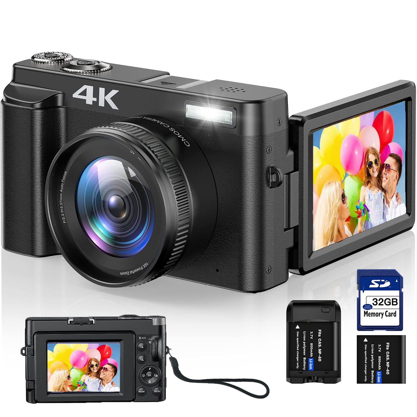 Vlogging Camera 4K Digital Camera for YouTube Autofocus with 32GB SD Card 16X Digital Zoom 48MP Video Cameras Camcorder for Photography