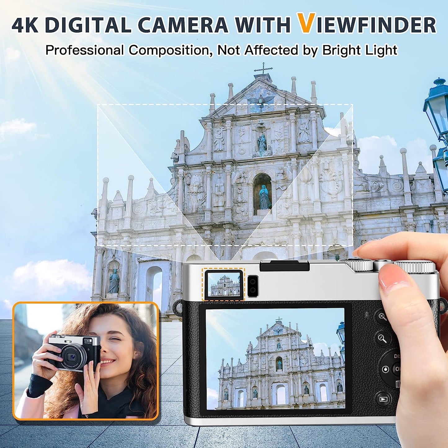 4K Digital Camera for Photography with Viewfinder 48MP Vlogging Camera for YouTube with 32GB Card 16X Autofocus Anti-Shake Travel Portable Video Camera Camcorder