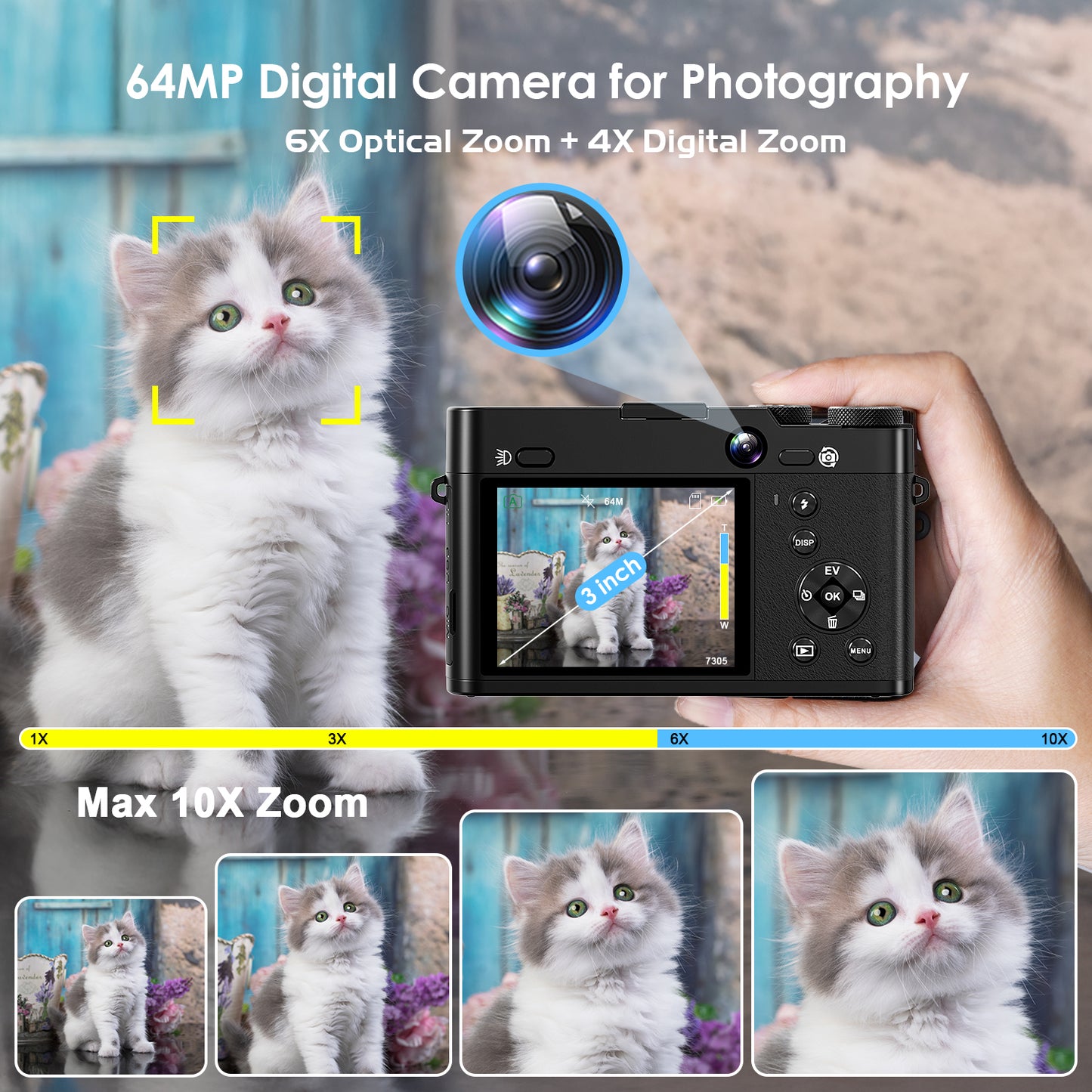 Digital Camera 5K 64MP Cameras for Photography with 6X Optical Zoom,WiFi Dual-Lens Vlogging Camera for YouTube Video with 64GB Card