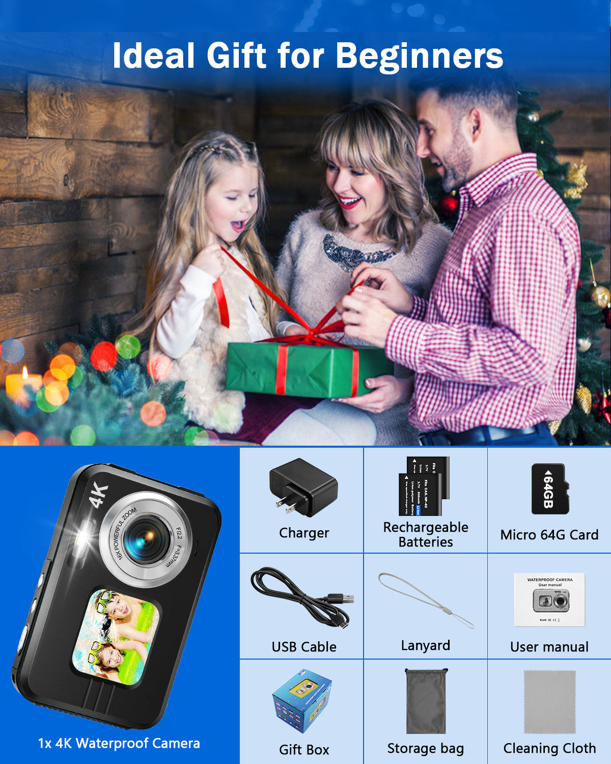 Waterproof Camera 4K Dual Screen Underwater Camera for Snorkeling with 64G SD Card,Action Camera with 16X Digital Zoom 48 MP Autofocus ,2 Battery(Blue)