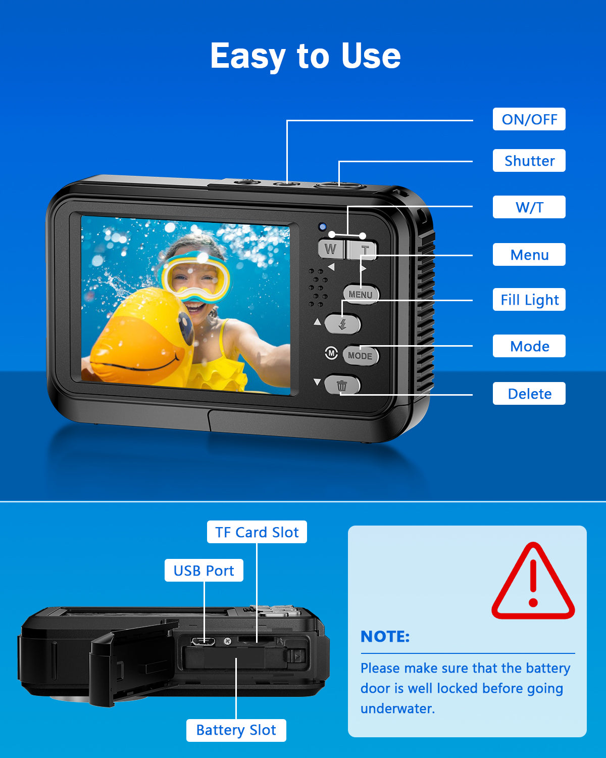 Waterproof Camera 4K Dual Screen Underwater Camera for Snorkeling with 64G SD Card,Action Camera with 16X Digital Zoom 48 MP Autofocus ,2 Battery(Blue)